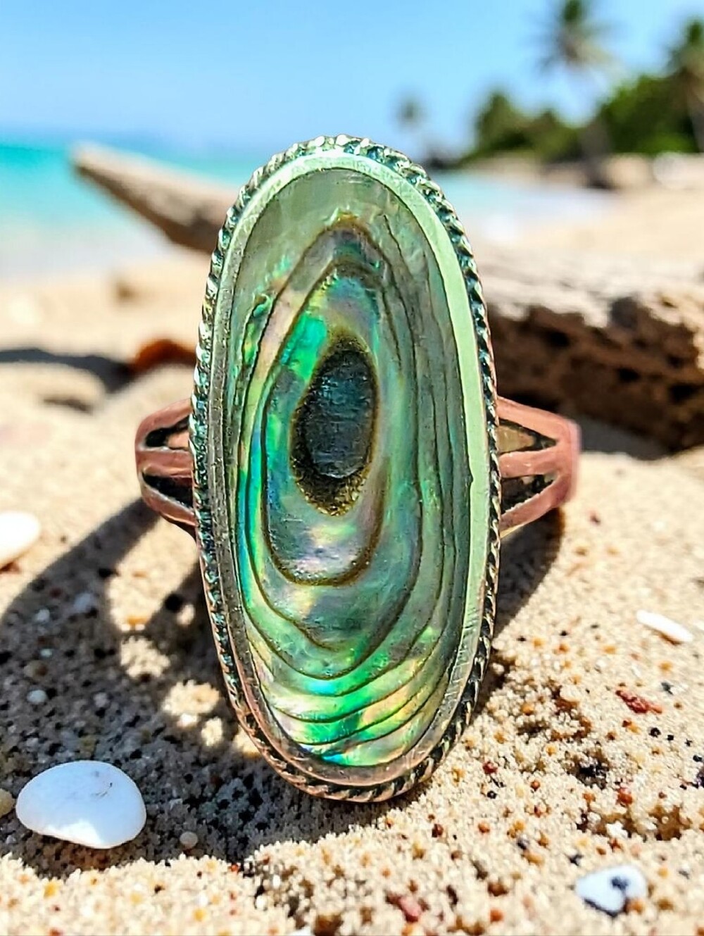 VINTAGE Abalone Shell Oval Sterling Silver Ring - Iridescent Green, Blue , Gold